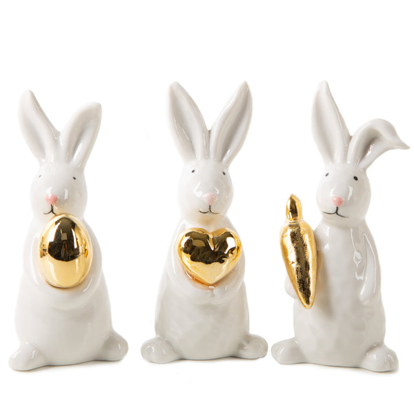 3 edle Osterhasen Deko Figuren Gold weiß Osterdekoration aus Porzellan Ostergeschenke 12,5 cm - Foto 1