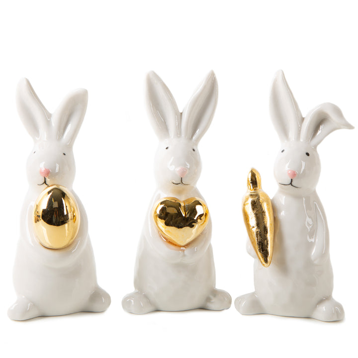 3 edle Osterhasen Deko Figuren Gold weiß Osterdekoration aus Porzellan Ostergeschenke 12,5 cm - Foto 1