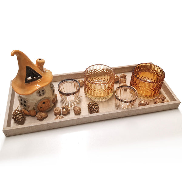 Komplettes Deko Set Herbst mit Windlicht Teelichtgläsern Eicheln auf einem Holz Tablett 45 x 18 x 18 cm - Foto 1