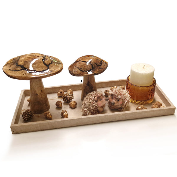 herbstliche Pilze Igel Dekoration mit Holz Tablett Kerze und kleinen golden Eicheln 45 x 18 x 20 cm - Foto 1