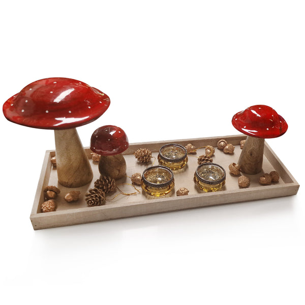 Komplettes Set mit Herbst Deko Pilze aus Holz mit Teelichthaltern Eicheln Gold rot auf einem Tablett 45 x 18 x 17 cm - Foto 1