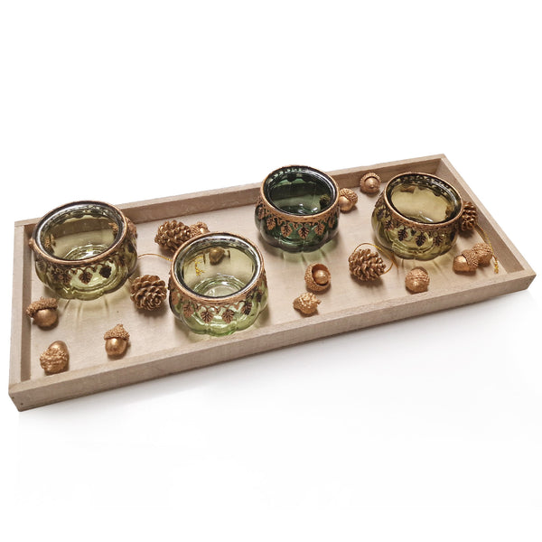 Geschenkset Herbst und Weihnachten Dekoration mit 4 Vintage Teelichtgläsern in Gold Natur und grün 45 x 18 x 10 cm - Foto 1