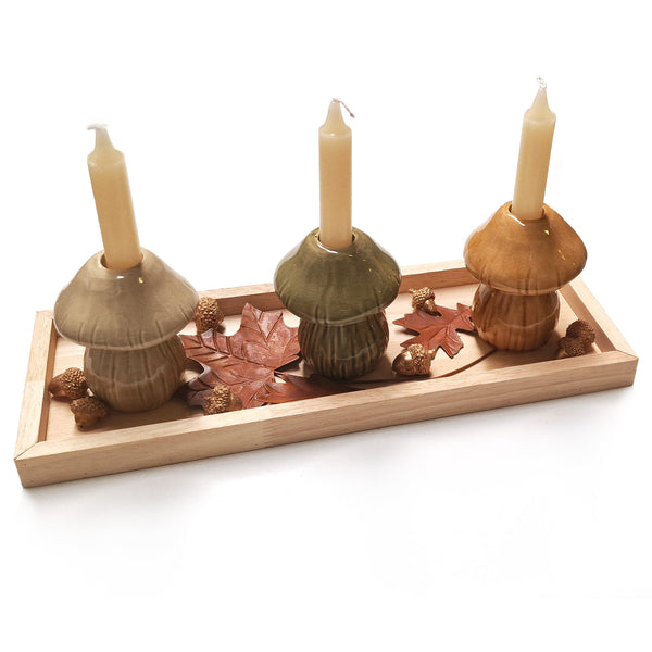 Deko-Set mit 3 Pilze und 3 Kerzen - Herbstdeko grün braun 36 x 13 x 12 cm - Foto 1