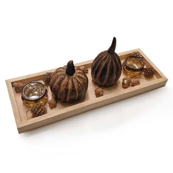 Herbstliche Deko mit Kürbissen, Eicheln und Teelichtgläsern in Naturfarben und Gold auf einem Holztablett 40 x 13 x 14 cm - Foto 1