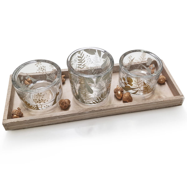 herbstliches Deko Geschenkset für Frauen Kerzentablett mit 3 Teelichtgläsern und goldenen Eicheln zum Geburtstag 36 x 13 x 11 cm - Foto 1