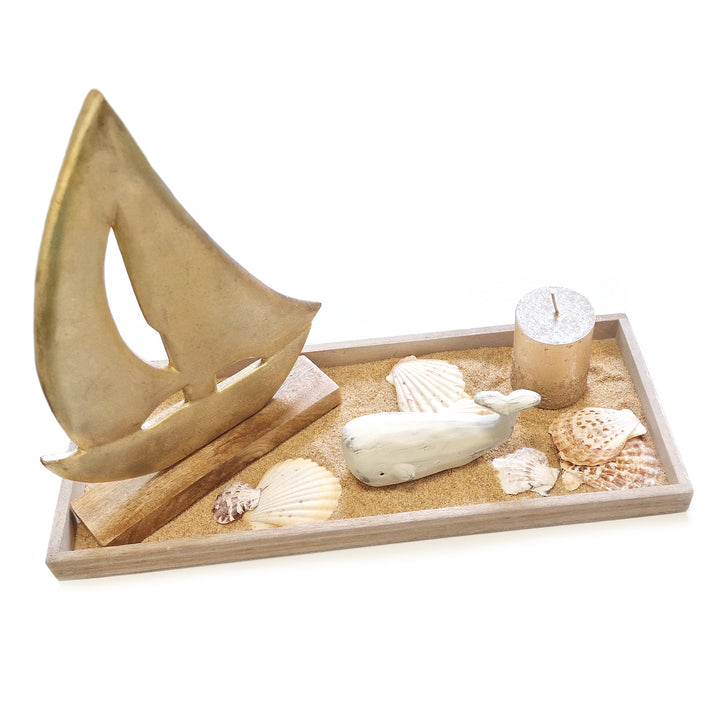 Maritimes Deko Set - Segelboot mit Kerze & Wal auf Tablett 45 x 13 x 32 cm - Foto 1