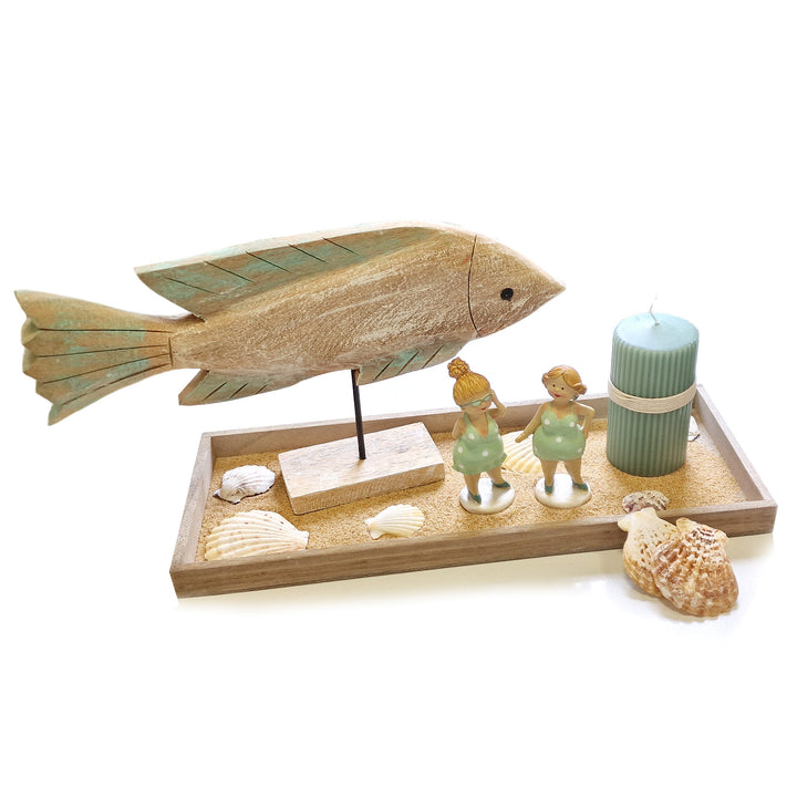 Deko Set mit Fisch Kerze Muscheln Badenixen und Sand auf Tablett 50 x 23 cm - Foto 1