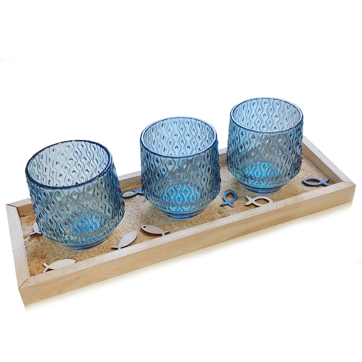 Deko Tablett Holz mit 3 blauen Teelichtgläsern Fische Sand 40 x 10 cm maritimes Geschenk Geburtstag - Foto 1