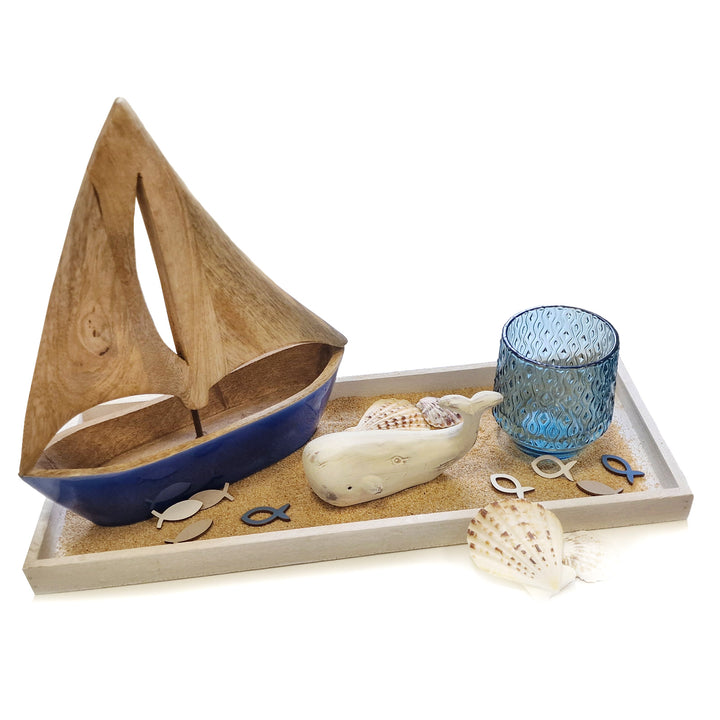 Maritimes Deko Set mit Wal Segelschiff aus Holz + Teelichtglas in blau mit Tablett 45 x 19 cm - Foto 1