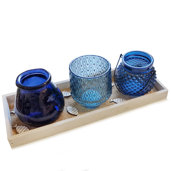 Holz Kerzen Tablett mit 3 verschiedenen blauen Teelichtgläsern mit Sand und Fischen im maritimen Stil - Foto 1
