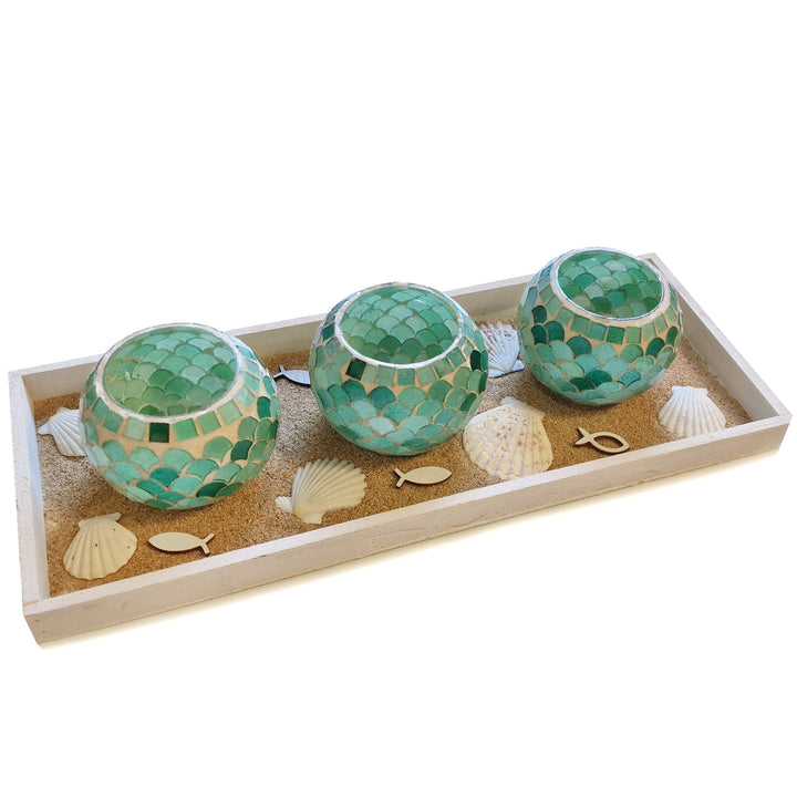 3 türkise Mosaik Teelichtgläser grün fertiges Geschenk Set zum Geburtstag oder zu Weihnachten mit Muscheln für Frauen 45 x 18 x 11 cm - Foto 1