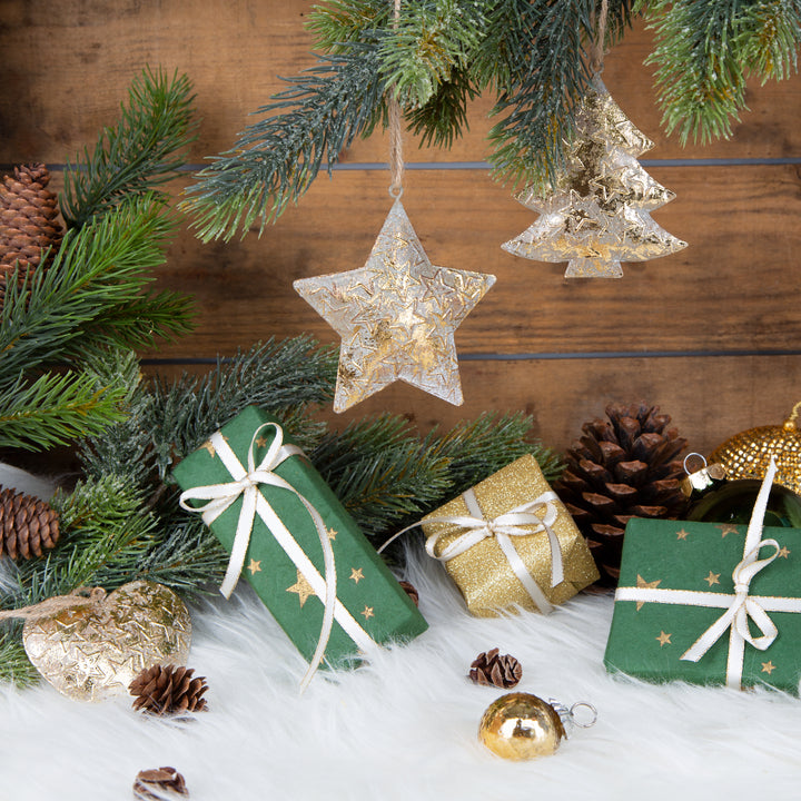 Weihnachten Deko Set - Stern + Engel + Baum Figur Silber aus Metall &amp; Holz