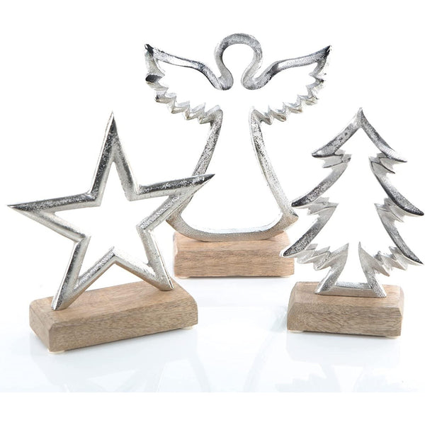 Weihnachten Deko Set - Stern + Engel + Baum Figur Silber aus Metall & Holz - Foto 1