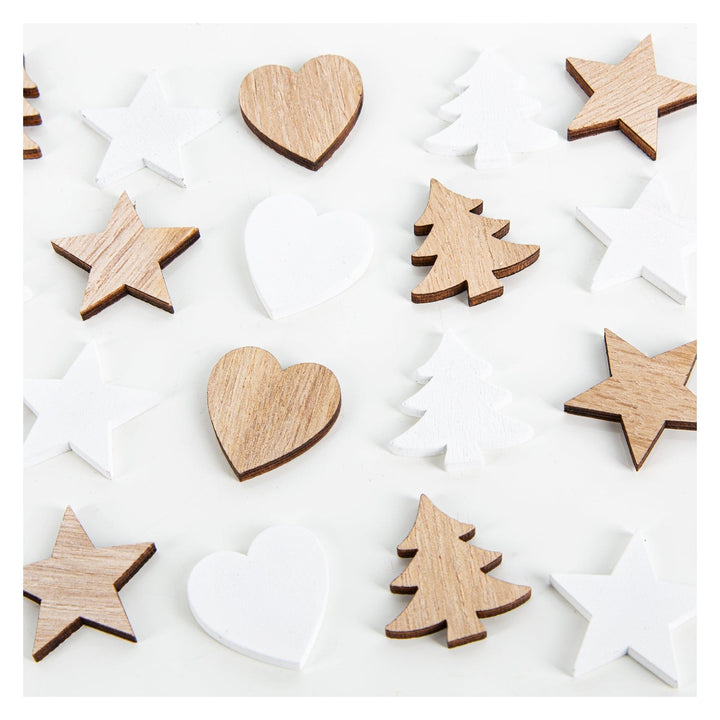 24 Weihnachten Tischdeko Holz Herz Baum Stern 3cm braun weiß - Foto 1