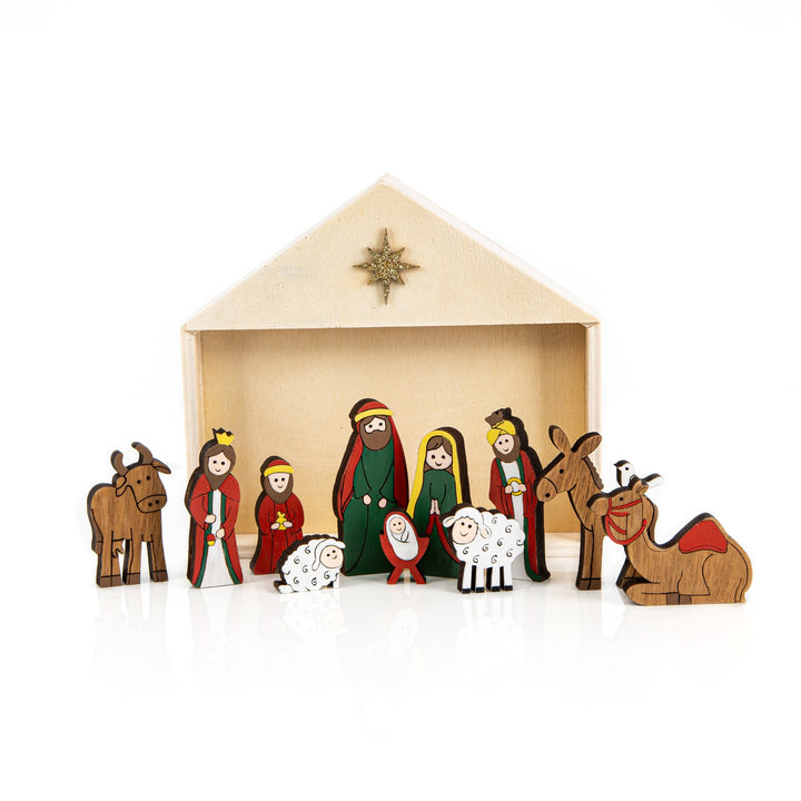 Weihnachtskrippe Heilige Familie im Stall 12-teilig aus Holz - Foto 1