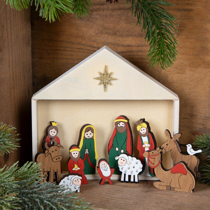 Weihnachtskrippe Heilige Familie im Stall 12-teilig aus Holz - Foto 2