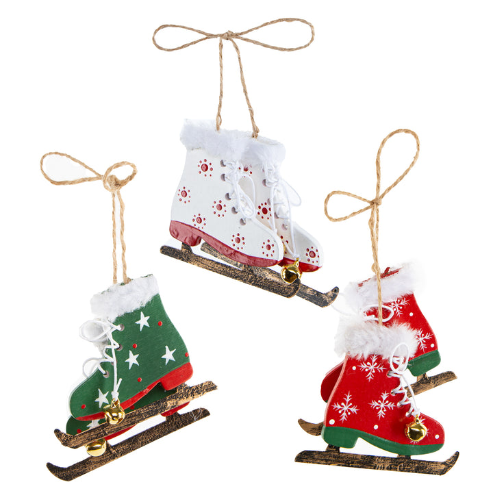 3 Schlittschuhpaare Holz rot weiß grün 6 Schlittschuhe 7 cm - Foto 1