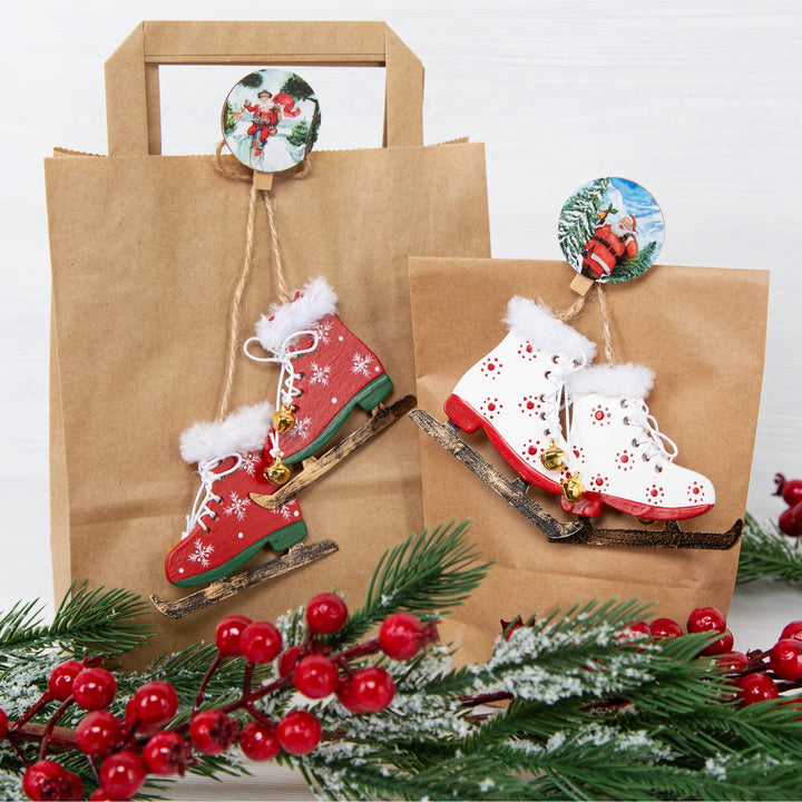 3 Schlittschuhpaare Holz rot weiß grün 6 Schlittschuhe 7 cm - Foto 3