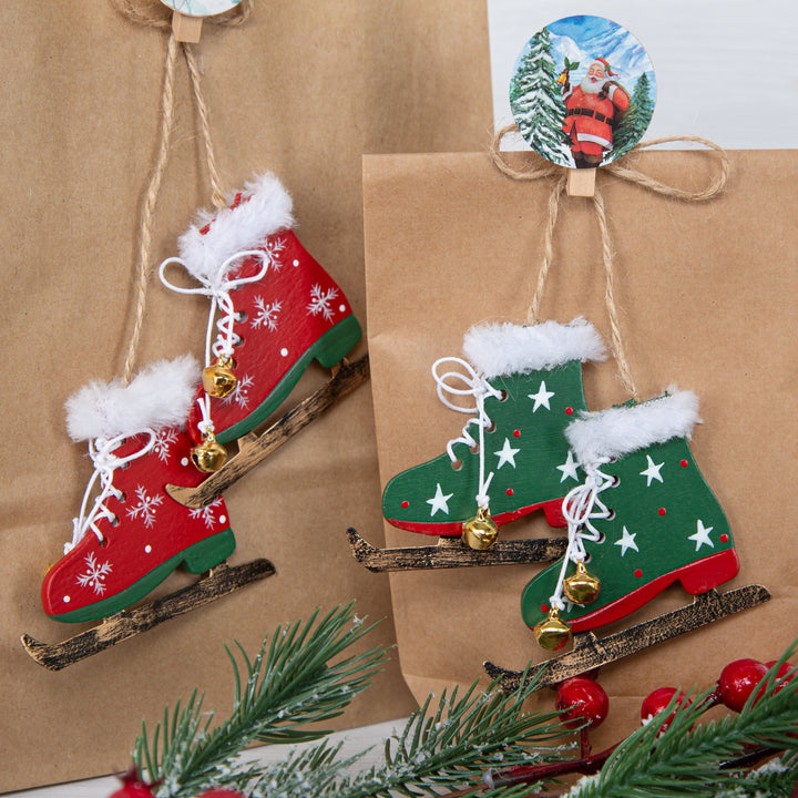 3 Schlittschuhpaare Holz rot weiß grün 6 Schlittschuhe 7 cm - Foto 4