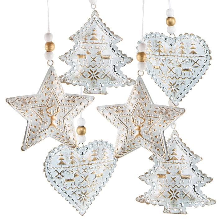 6 Weihnachtsanhänger Deko Set aus Metall weiß Gold 8,5 cm - Foto 1