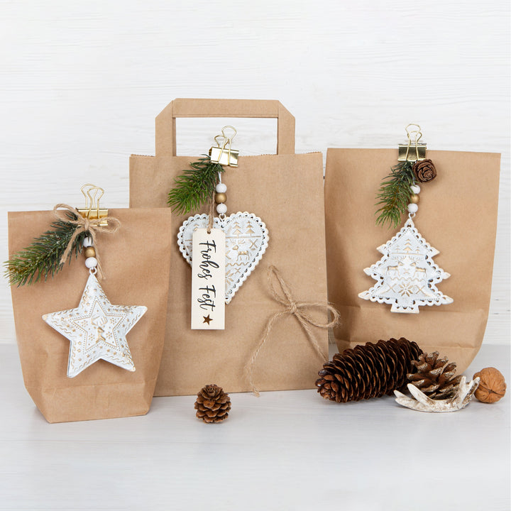 6 Weihnachtsanhänger Deko Set aus Metall weiß Gold 8,5 cm - Foto 2