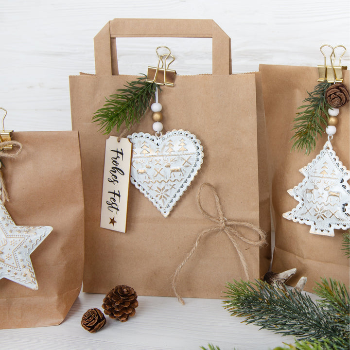 6 Weihnachtsanhänger Deko Set aus Metall weiß Gold 8,5 cm - Foto 3