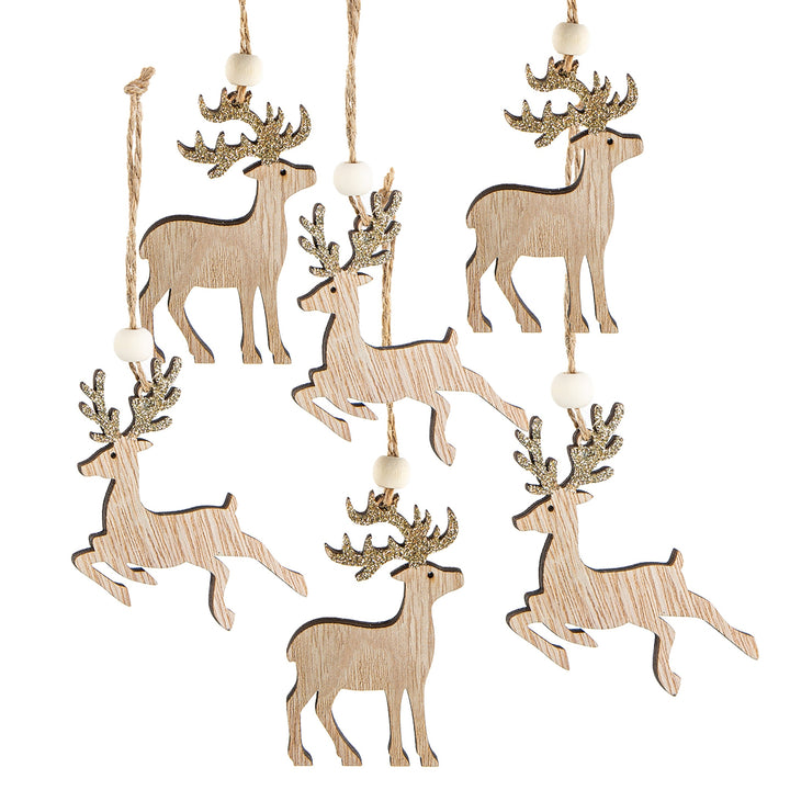 6 Hirsch Rentier Holz Anhänger Weihnachten natur gold 7 cm - Foto 1