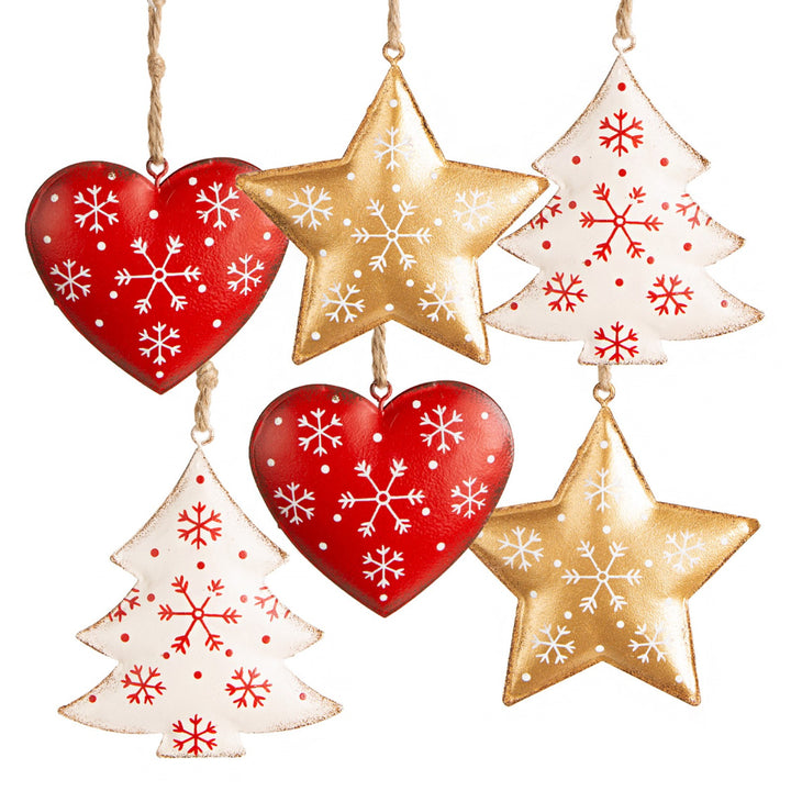 6 große Weihnachtsbaumanhänger - aus Metall rot Gold weiß 5-9 cm - Foto 1