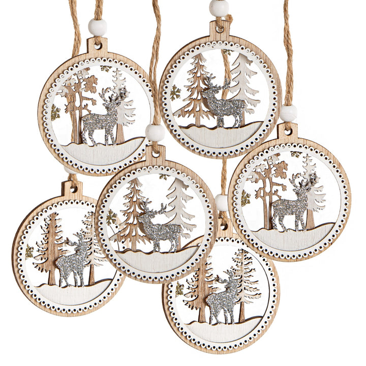 6 flache Holzanhänger Wnterlandschaft weiß silber Ø 6,5 cm - Foto 1