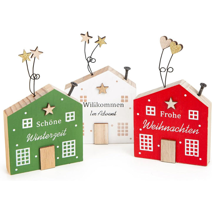 3 Weihnachtshäuser weiß, rot & grün Winterdeko - Adventszeit 13 x 8 cm - Foto 1
