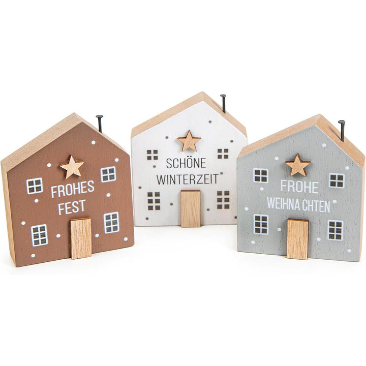 Dekohäuschen aus Holz 3 Weihnachtshäuser grau braun weiß 13 x 8 cm - Foto 1