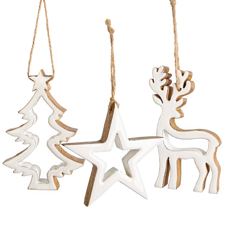 Weihnachtsbaumanhänger Set 3-tlg. Baum Stern Hirsch aus Holz weiß 12 cm - Foto 1