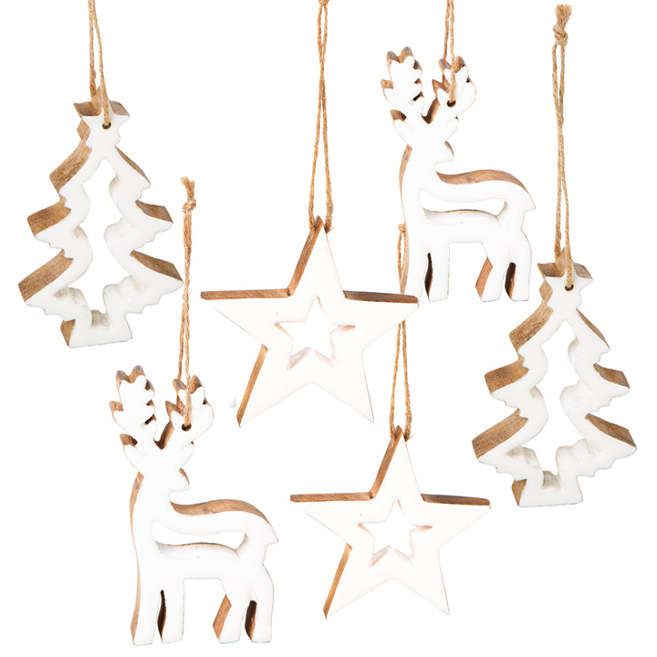 6 Christbaumanhänger aus Holz - Hirsch Tanne Stern 12 cm weiß braun - Foto 1