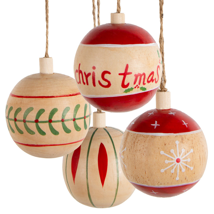 4 Holz Weihnachtskugeln zum Aufhängen braun rot grün Baumschmuck Ø 6 cm - Foto 1
