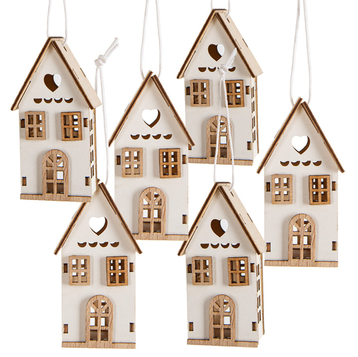 6 kleine Weihnachten Deko Häuser zum Aufhängen - 7 cm weiß naturfarben - Foto 1