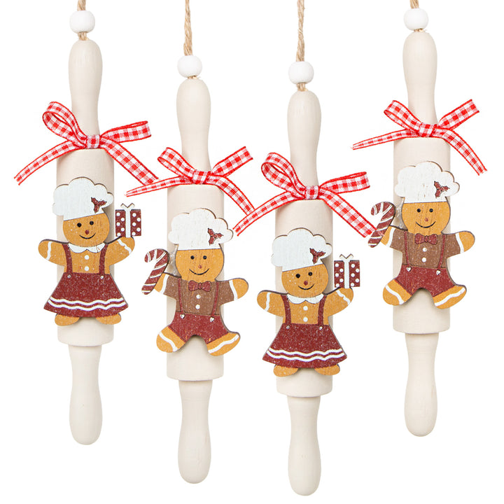 4 besondere Weihnachtsanhänger Nudelholz mit Lebkuchenmann Holz Weihnachtsdeko zum Aufhängen 17 cm - Foto 1