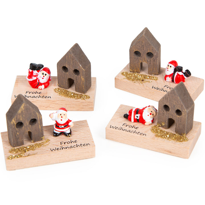 4 Mini Geschenke "Frohe Weihnachten" Nikolausfigur mit Haus 5 x 2,5 cm - Foto 1
