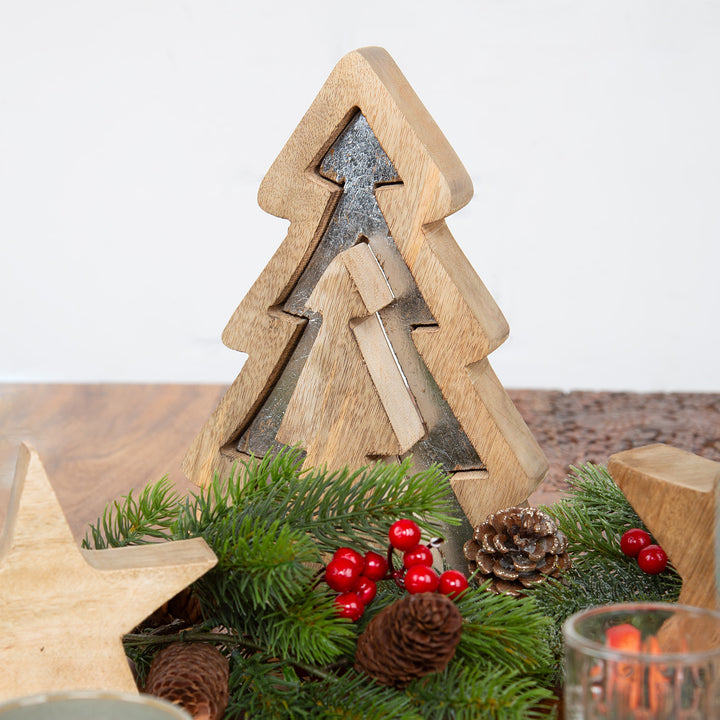 3-tlg. Weihnachtsbaum zum Ineinanderstecken aus Holz braun Silber 28 cm - Foto 4