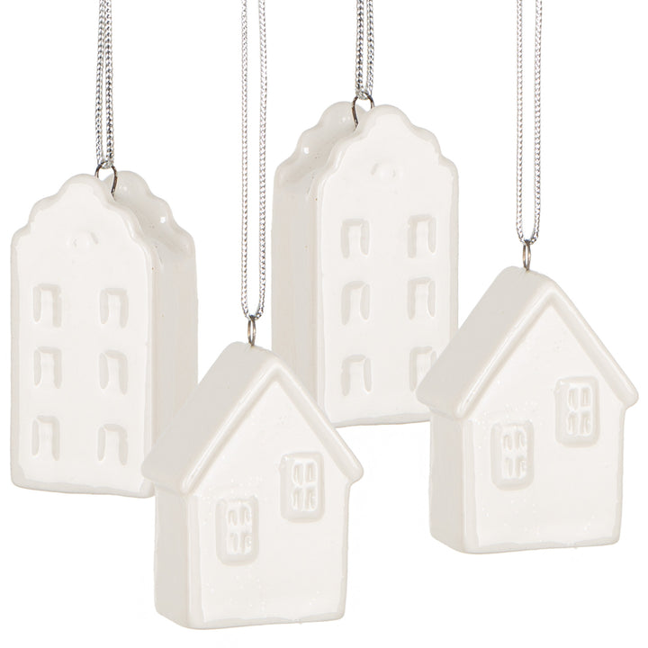 4 Porzellan Häuschen 3D Weihnachtsanhänger weiß Haus 4,8 cm - Foto 1