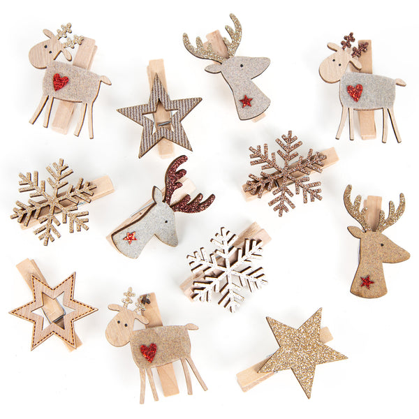 12 Holz Weihnachtsklammern Hirsch Stern Schneeflocke 4,5 cm Natur braun - Foto 1