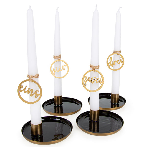 Logbuch-Verlag Adventskranz Gold aus Metall mit Kerzen und Schale + 1 2 3 4 Holz Zahlen goldfarben weiß 28 cm