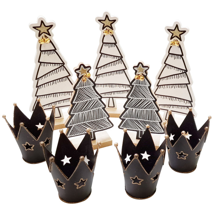 Weihnachtsdeko Set schwarz weiß Gold 5 Weihnachtsbäume aus Holz + 4 Kronen Teelichthalter - Foto 1