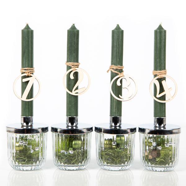 Länglicher Adventskranz mit 4 grünen Kerzen + Gläser mit silberfarbenem Deckel  bereits fertig befüllt - Foto 1