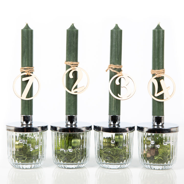 Länglicher Adventskranz mit 4 grünen Kerzen + Gläser mit silberfarbenem Deckel  bereits fertig befüllt - Foto 1