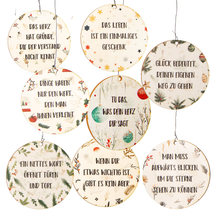 8 Weihnachtskugeln aus Holz mit Sprüchen Ø 8 cm flache Geschenkanhänger - Foto 1