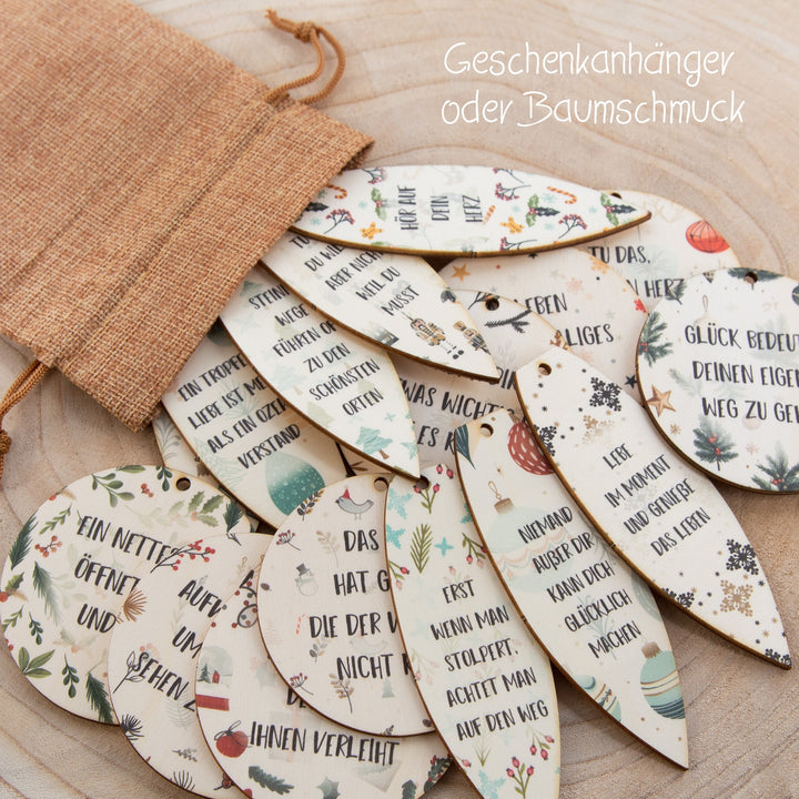 8 Weihnachtskugeln aus Holz mit Sprüchen Ø 8 cm flache Geschenkanhänger - Foto 3