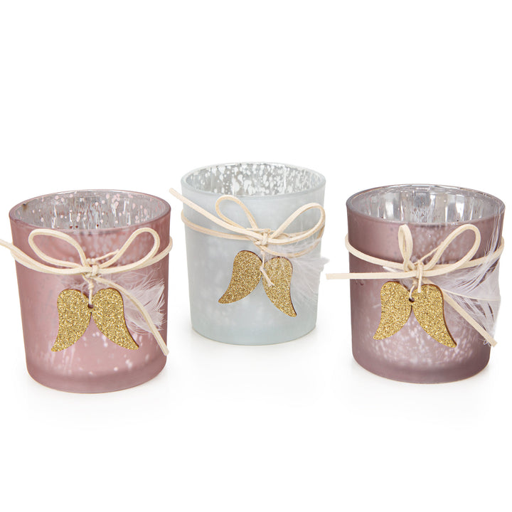 Kerzenhalter 3er-Set rosa lila weiß mit goldenen Flügeln 7,3 x 8 cm - Foto 1