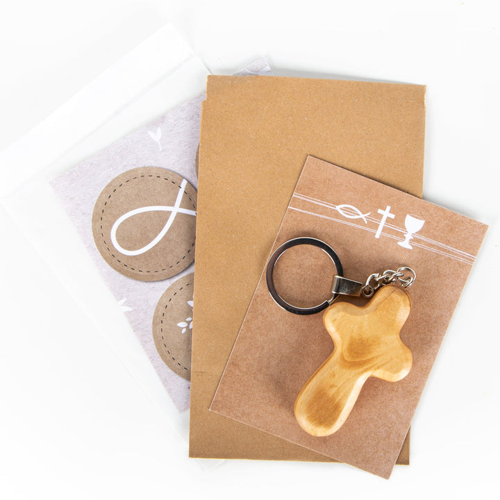 Geschenkset Kreuz Schlüsselanhänger aus Olivenholz + Kraftpapier Grußkarte I Geschenkidee Kommunion Konfirmation Firmung - Foto 1