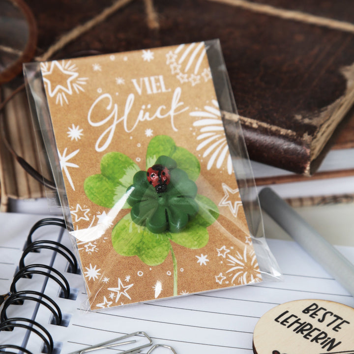 10 grüne Kleeblätter mit "Viel Glück" Karte kleines Geschenk - Foto 3