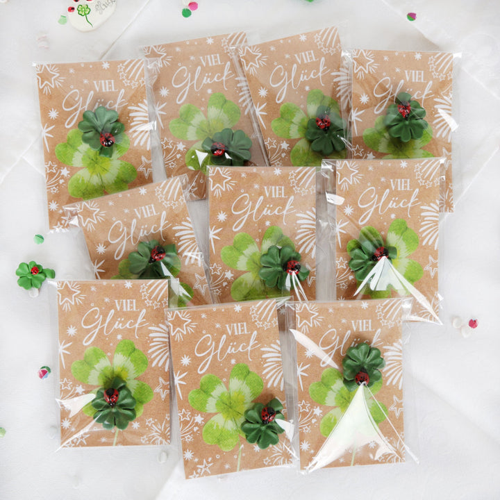 10 grüne Kleeblätter mit "Viel Glück" Karte kleines Geschenk - Foto 4